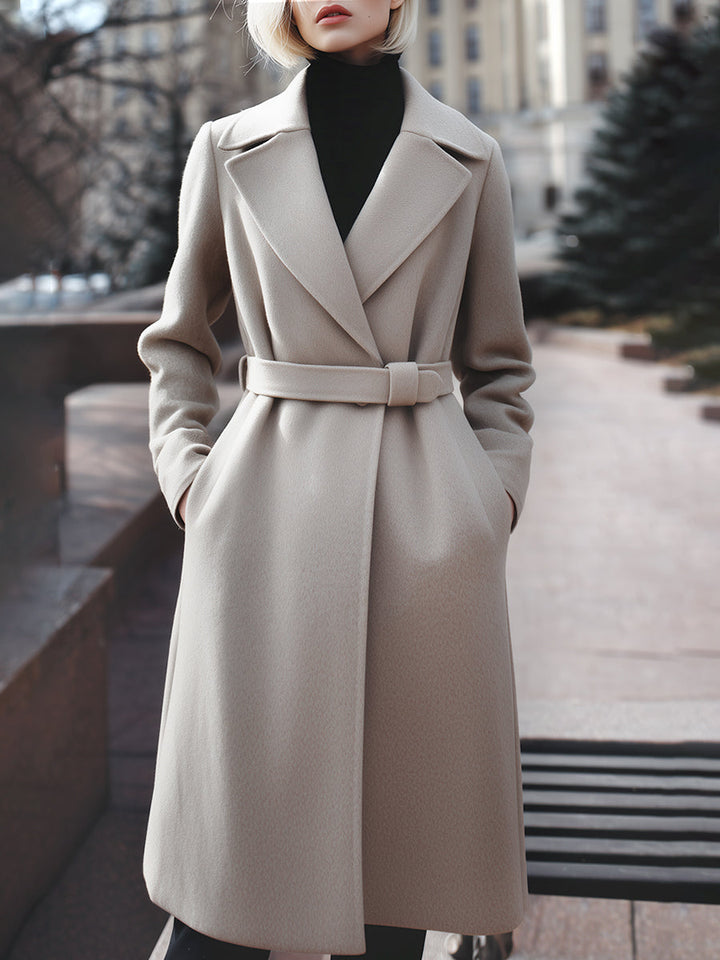 Taupe Wool-Blend Belted Coat