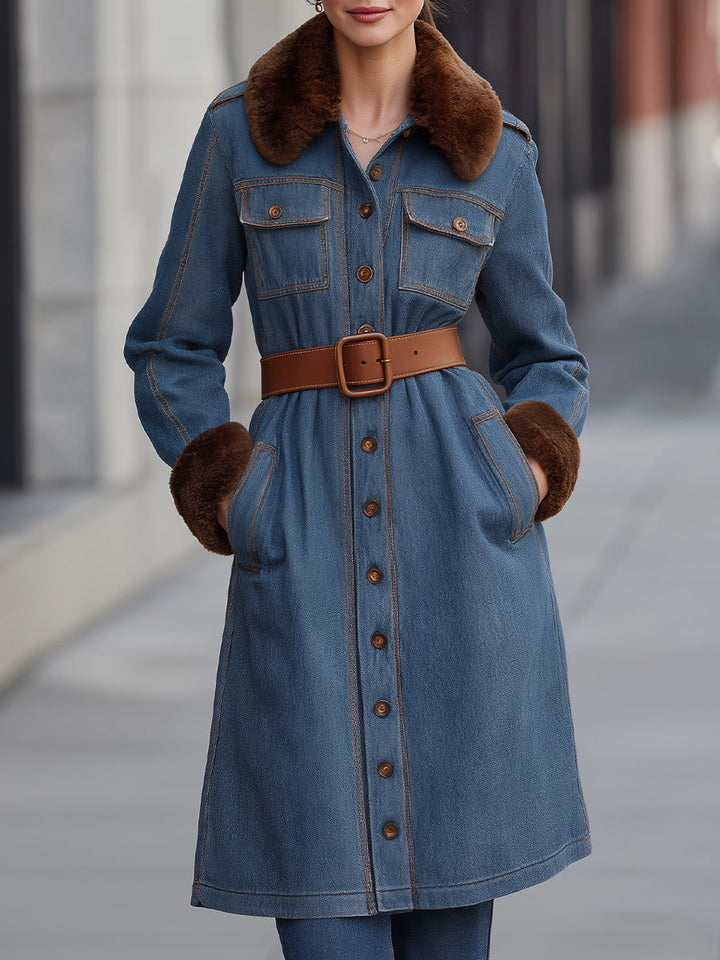Faux Fur Trim Denim Coat