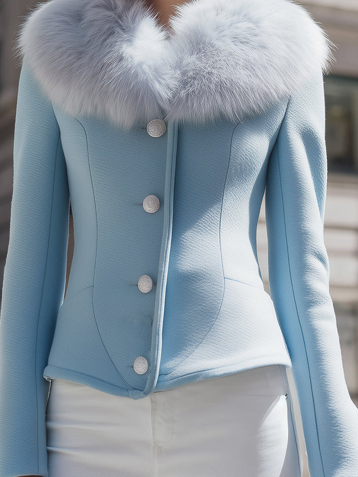 Fluffy-Collared Light Blue Jacket