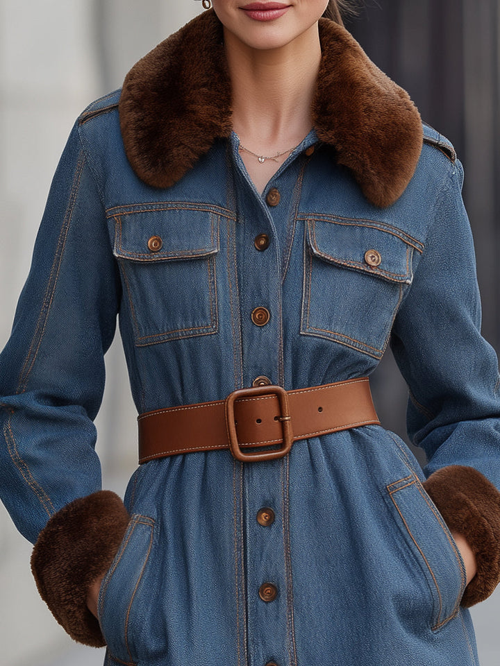 Faux Fur Trim Denim Coat