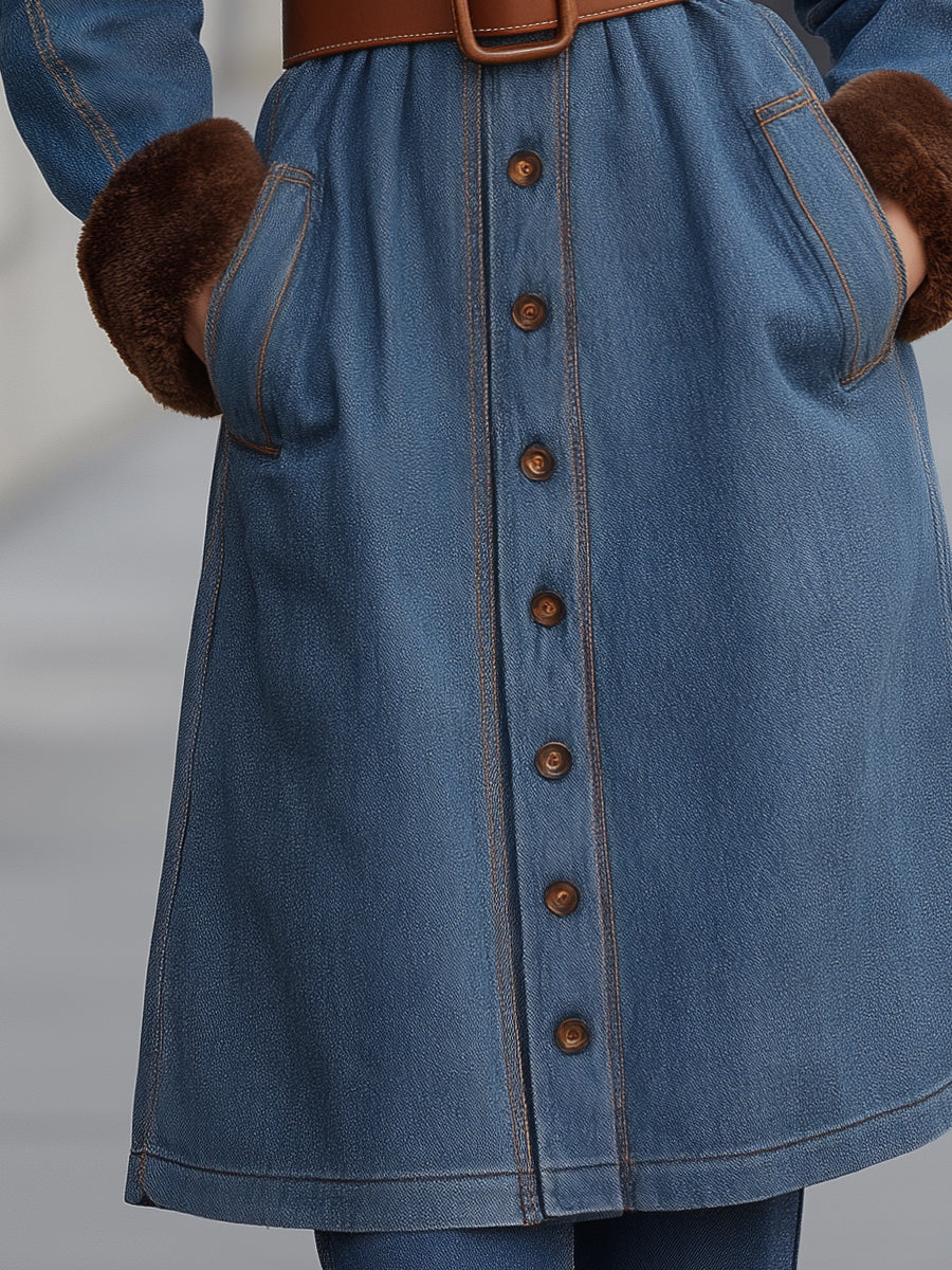 Faux Fur Trim Denim Coat