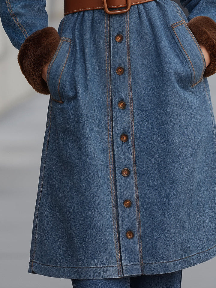 Faux Fur Trim Denim Coat