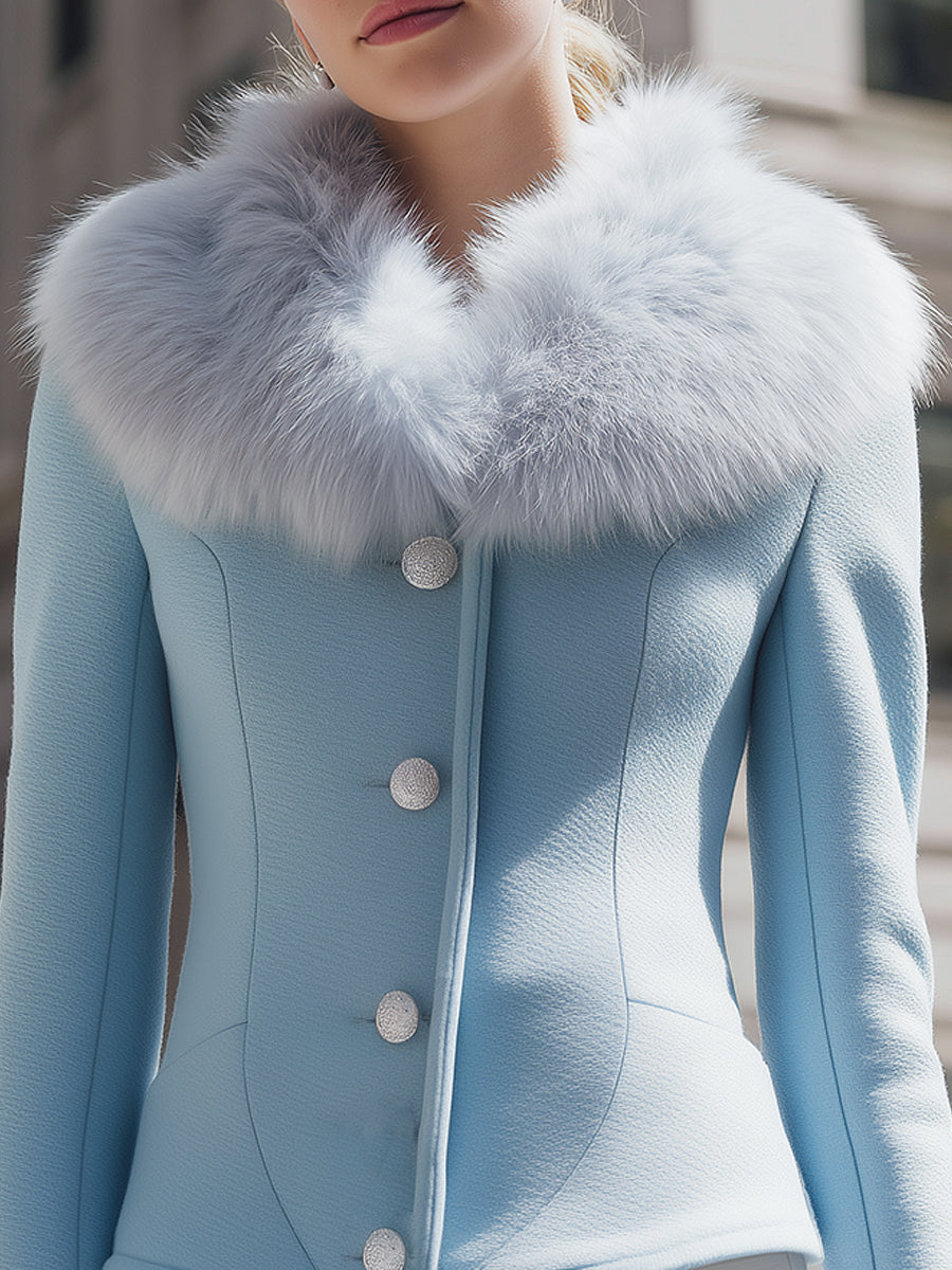 Fluffy-Collared Light Blue Jacket