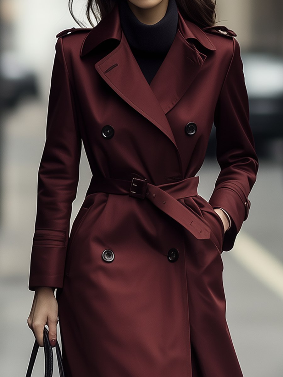 Vinröd dubbelknäppt trenchcoat
