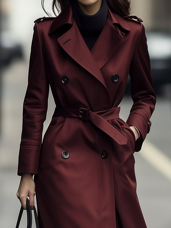 Vinröd dubbelknäppt trenchcoat