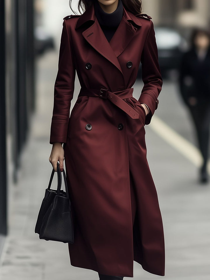 Vinröd dubbelknäppt trenchcoat