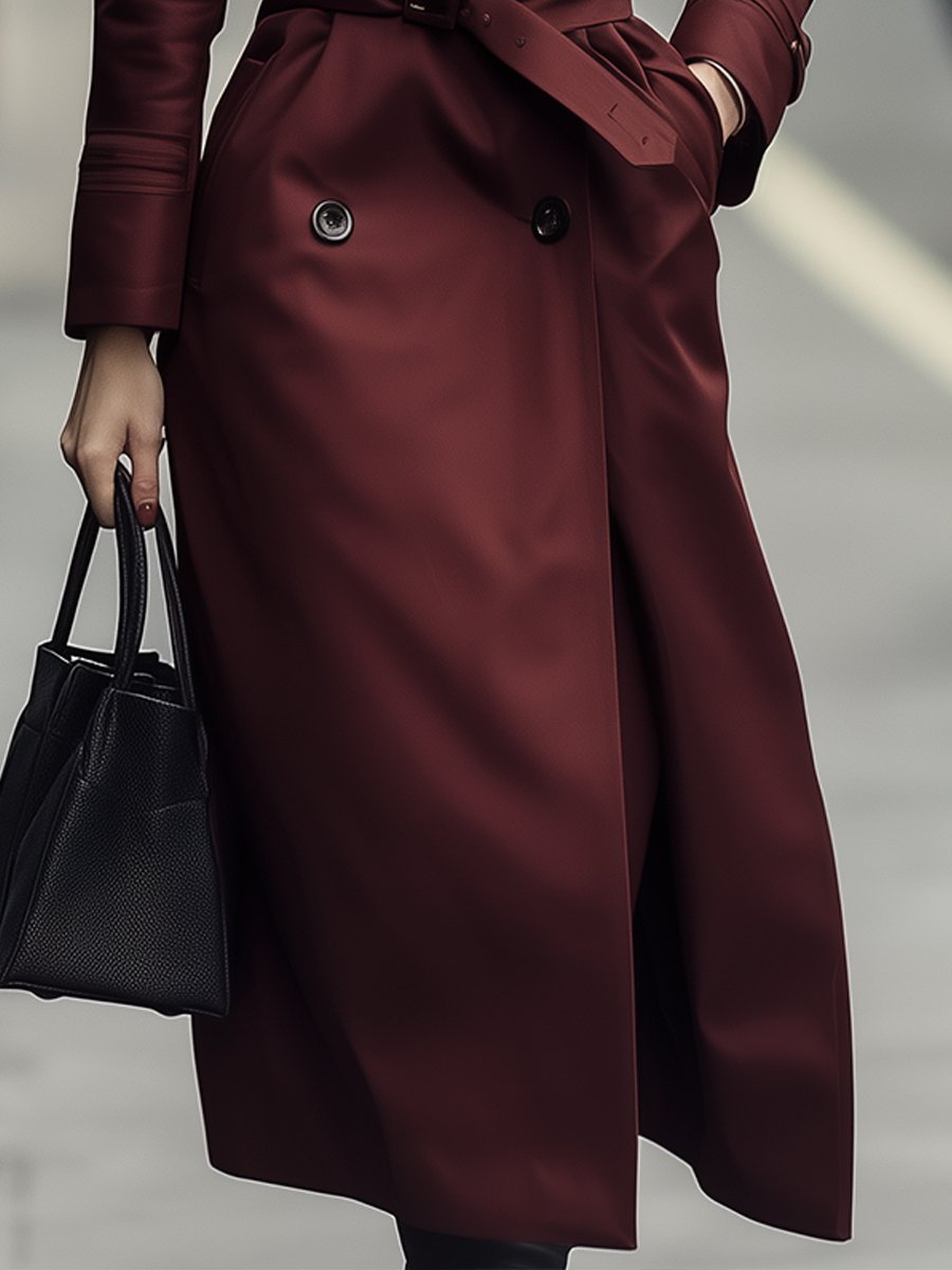 Vinröd dubbelknäppt trenchcoat