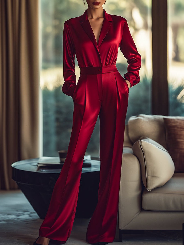 Röd Jumpsuit Med Satinknappar