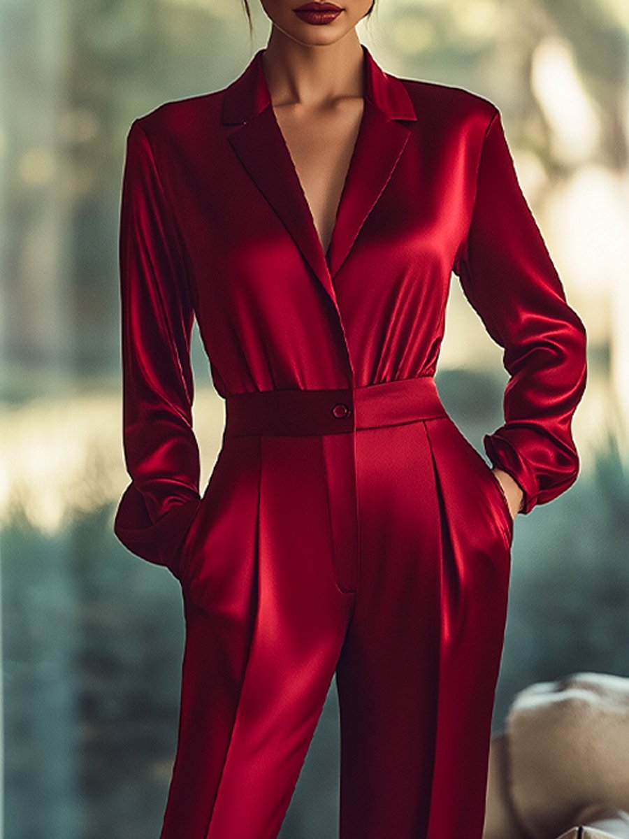 Röd Jumpsuit Med Satinknappar